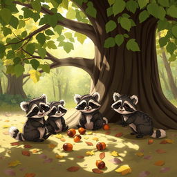 A whimsical scene featuring adorable raccoons gathered playfully under a large, leafy tree