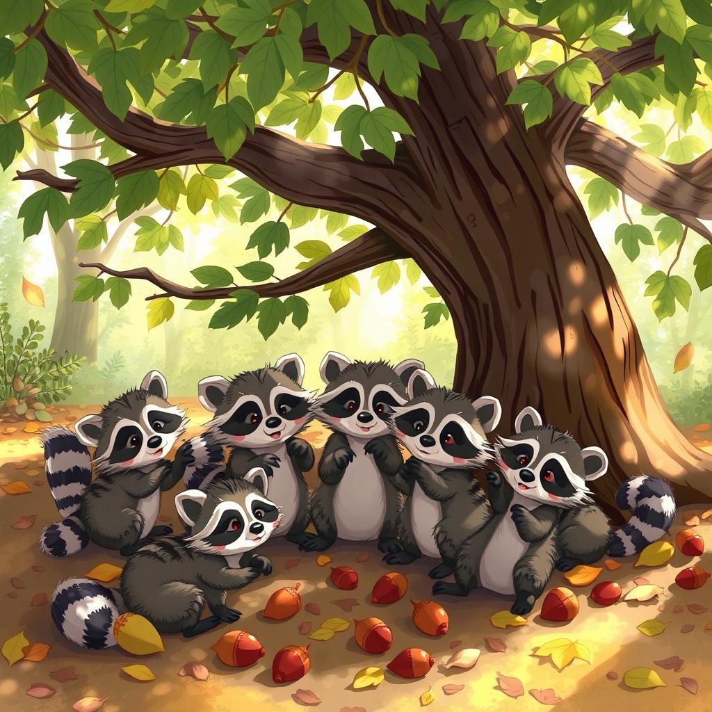 A whimsical scene featuring adorable raccoons gathered playfully under a large, leafy tree