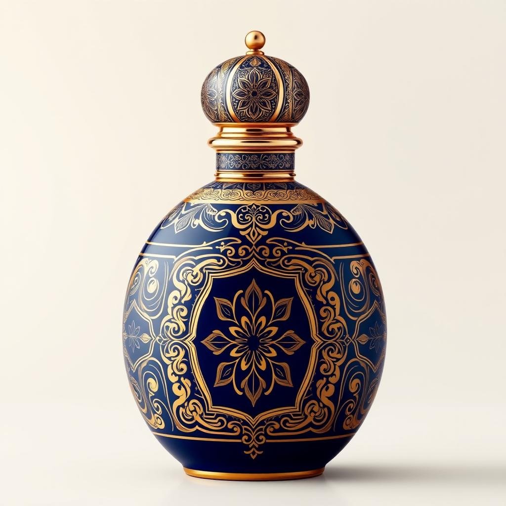 A beautifully designed oval-shaped perfume bottle with an Eastern classical style
