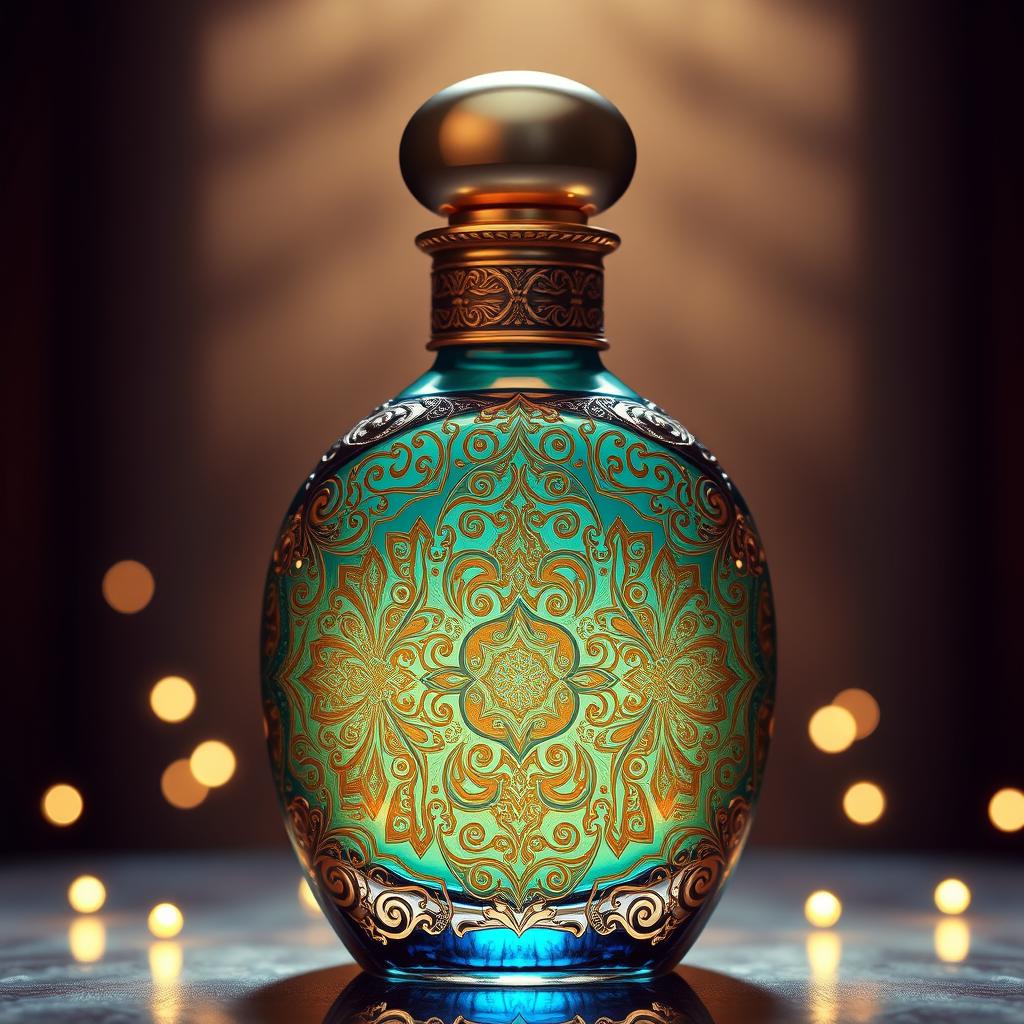 A beautifully designed perfume bottle featuring intricate Arabic patterns and motifs, showcasing traditional Islamic art elements