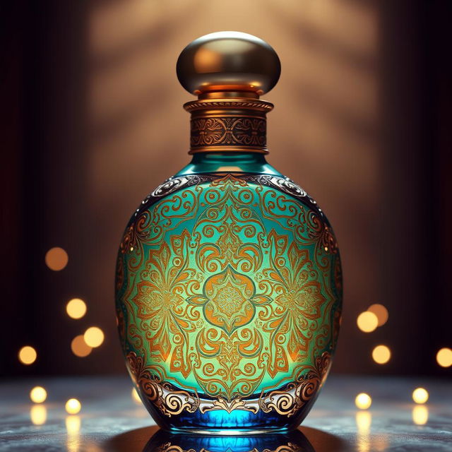 A beautifully designed perfume bottle featuring intricate Arabic patterns and motifs, showcasing traditional Islamic art elements