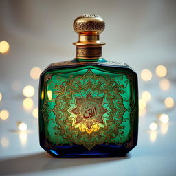 A beautifully designed perfume bottle featuring intricate Arabic patterns and motifs, showcasing traditional Islamic art elements