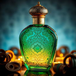 A beautifully designed perfume bottle featuring intricate Arabic patterns and motifs, showcasing traditional Islamic art elements