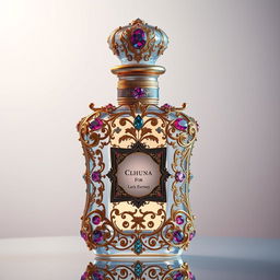 A beautifully ornate perfume bottle with intricate patterns, featuring luxurious gold and silver filigree