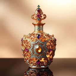 A beautifully ornate perfume bottle with intricate patterns, featuring luxurious gold and silver filigree