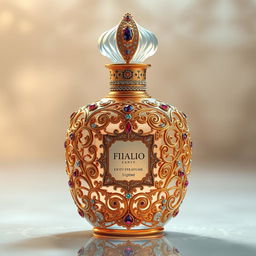 A beautifully ornate perfume bottle with intricate patterns, featuring luxurious gold and silver filigree