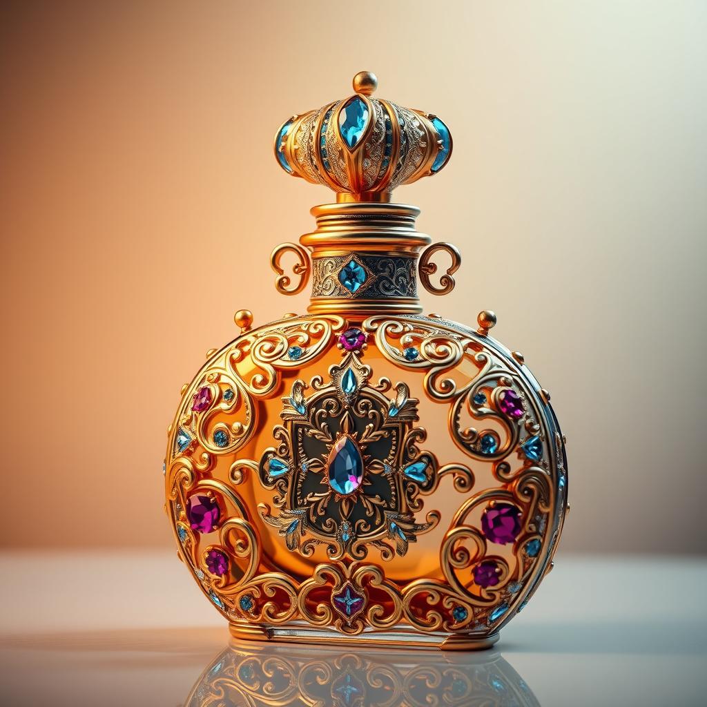 A beautifully ornate perfume bottle with intricate patterns, featuring luxurious gold and silver filigree