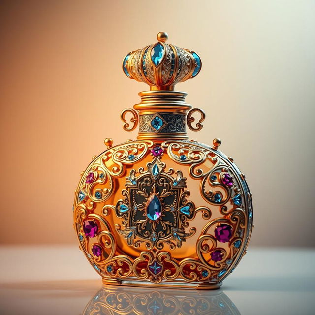 A beautifully ornate perfume bottle with intricate patterns, featuring luxurious gold and silver filigree