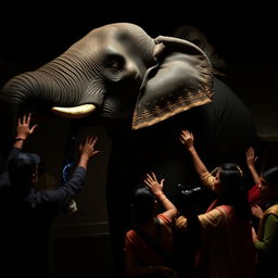 In a dark room in India, a group of people are feeling around an elephant, each touching different parts of its body