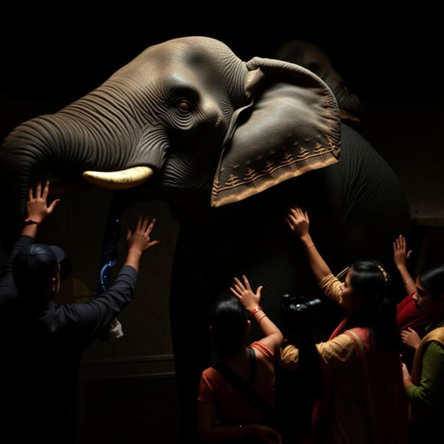 In a dark room in India, a group of people are feeling around an elephant, each touching different parts of its body