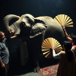 In a dark room in India, a group of people are feeling around an elephant, each touching different parts of its body