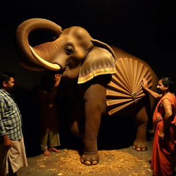 In a dark room in India, a group of people are feeling around an elephant, each touching different parts of its body