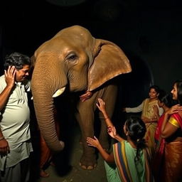 In a dark room in India, a group of people are feeling around an elephant, each touching different parts of its body