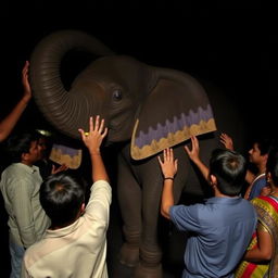 In a dark room in India, a group of people are touching and exploring an elephant without ever having seen one before