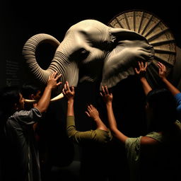 In a dark room in India, a group of people are touching and exploring an elephant without ever having seen one before