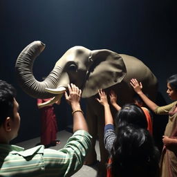 In a dark room in India, a group of people are touching and exploring an elephant without ever having seen one before
