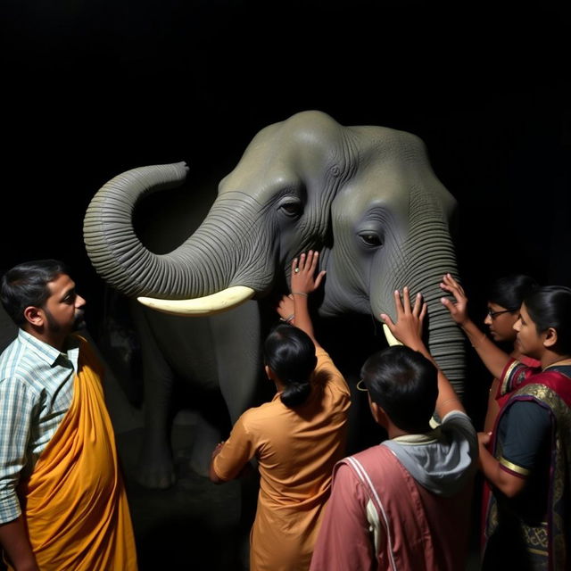 In a dark room in India, a group of people are touching and exploring an elephant without ever having seen one before