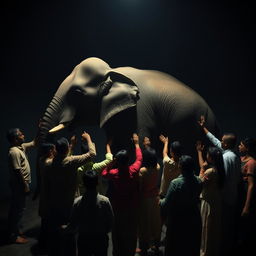 A dark room in India where a group of people is gathering around a large elephant