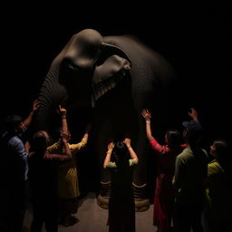 A dark room in India where a group of people is gathering around a large elephant