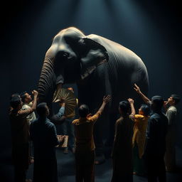 A dark room in India where a group of people is gathering around a large elephant