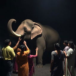A dark room in India where a group of people is gathering around a large elephant
