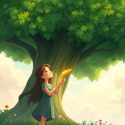 A whimsical storybook cover page in a concept art style, featuring a large, vibrant green tree with lush foliage
