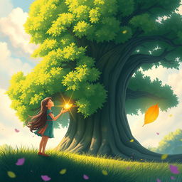 A whimsical storybook cover page in a concept art style, featuring a large, vibrant green tree with lush foliage