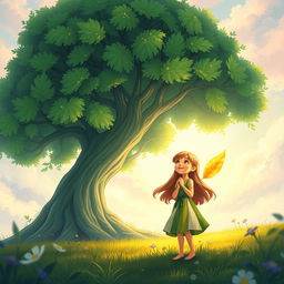 A whimsical storybook cover page in a concept art style, featuring a large, vibrant green tree with lush foliage