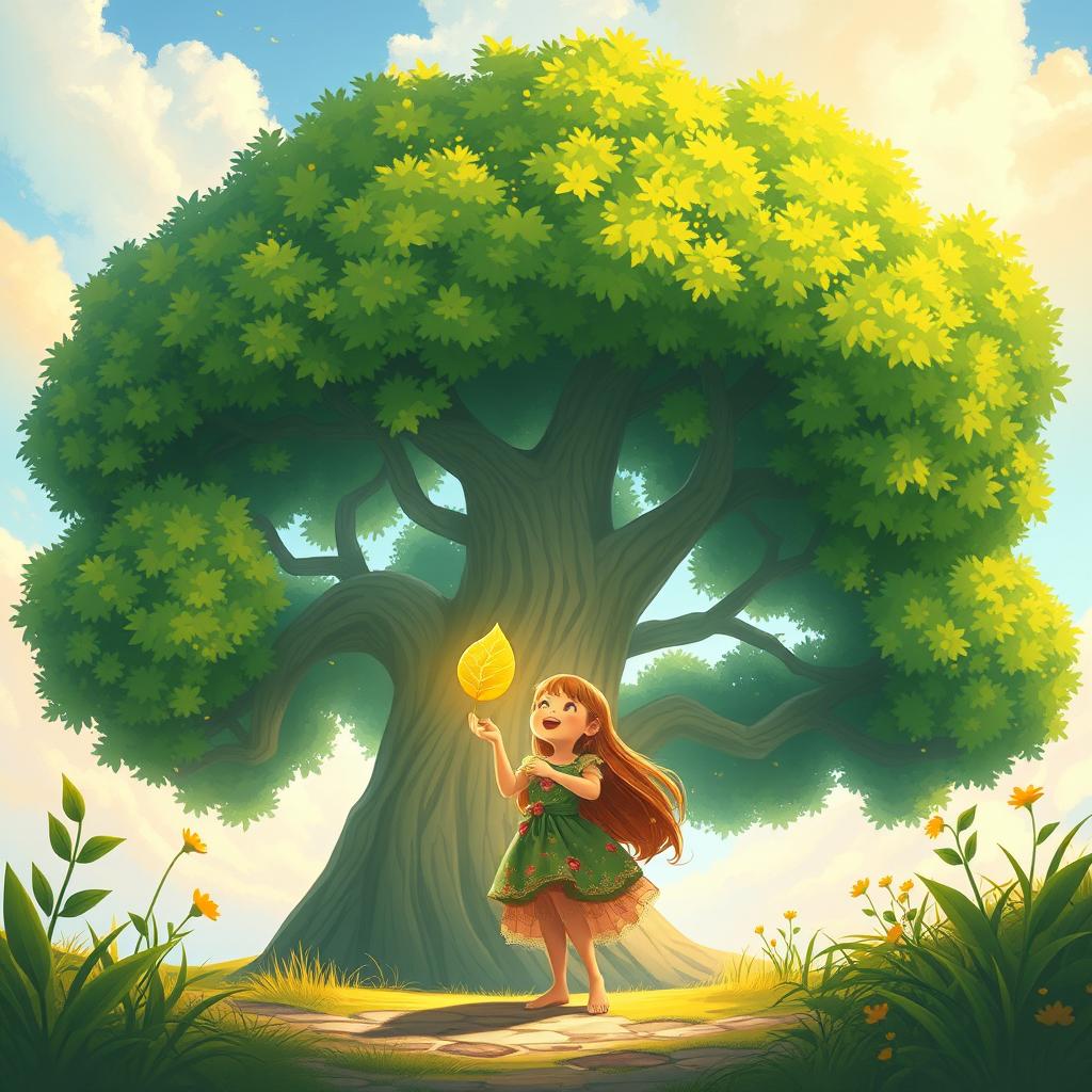 A whimsical storybook cover page in a concept art style, featuring a large, vibrant green tree with lush foliage