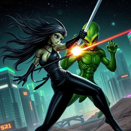 A captivating scene featuring a fierce alien and a sexy ninja girl engaged in a dynamic battle