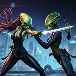 A captivating scene featuring a fierce alien and a sexy ninja girl engaged in a dynamic battle