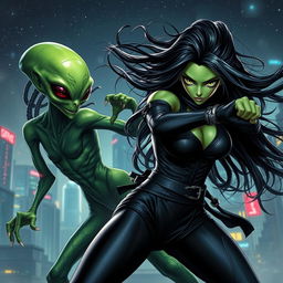 A captivating scene featuring a fierce alien and a sexy ninja girl engaged in a dynamic battle