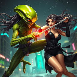 A captivating scene featuring a fierce alien and a sexy ninja girl engaged in a dynamic battle