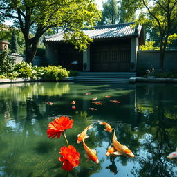 A serene summer afternoon scene at a traditional garden pond, reflecting a sense of loneliness and tranquility