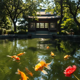 A serene summer afternoon scene at a traditional garden pond, reflecting a sense of loneliness and tranquility