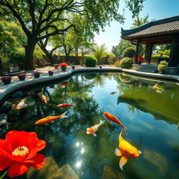 A serene summer afternoon scene at a traditional garden pond, reflecting a sense of loneliness and tranquility
