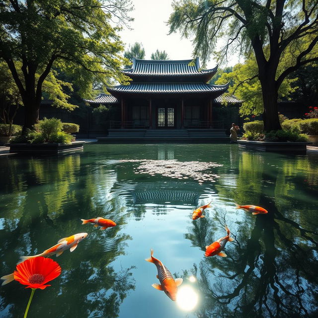 A serene summer afternoon scene at a traditional garden pond, reflecting a sense of loneliness and tranquility