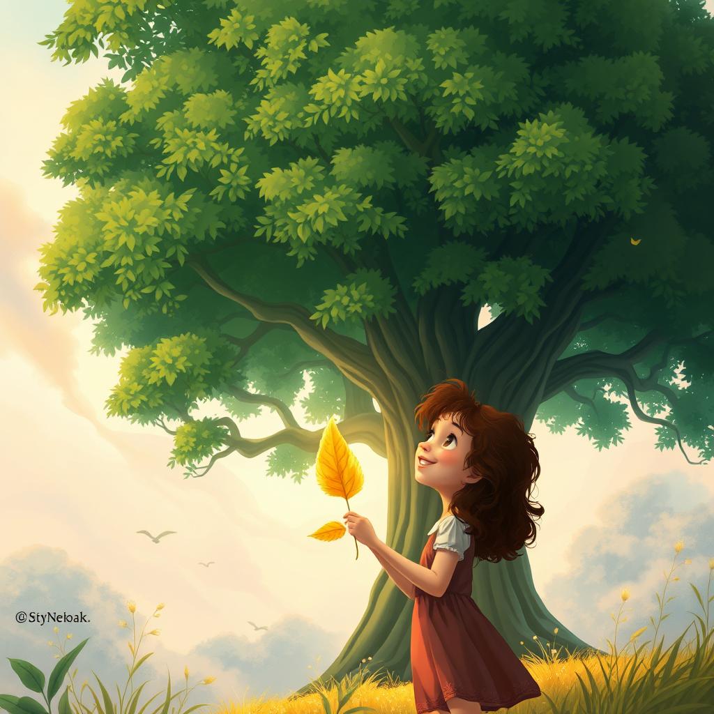 A storybook cover page in a concept art style, showcasing a majestic green tree with dense, vibrant foliage