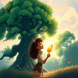 A storybook cover page in a concept art style, showcasing a majestic green tree with dense, vibrant foliage