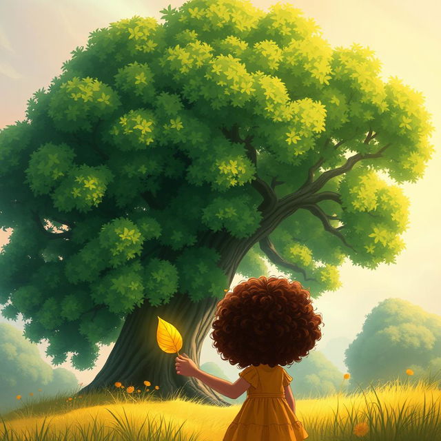 A storybook cover page in a concept art style, showcasing a majestic green tree with dense, vibrant foliage