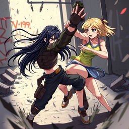 A dynamic action scene featuring two girls engaged in an intense fight