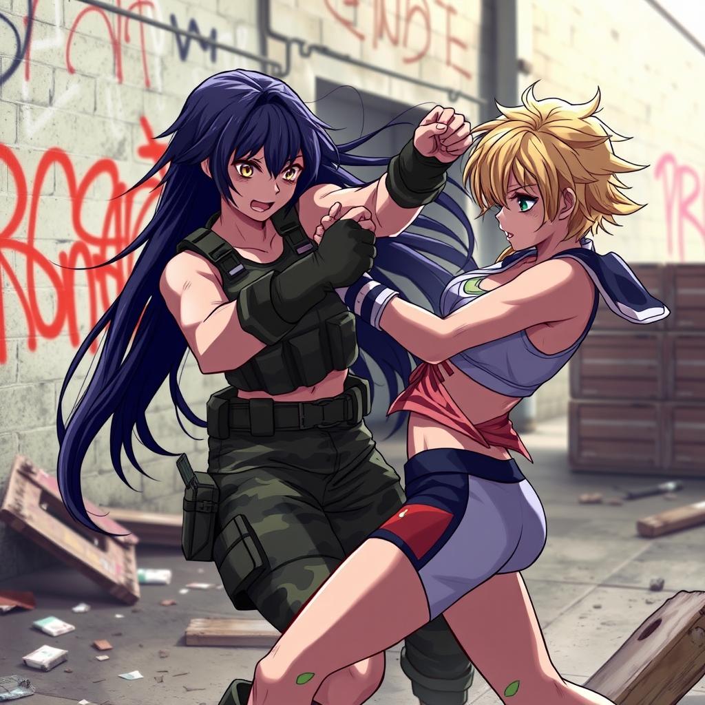 A dynamic action scene featuring two girls engaged in an intense fight