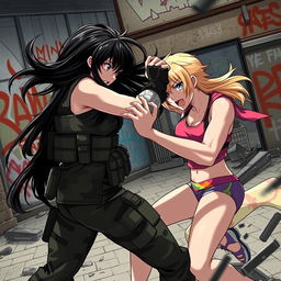 A dynamic action scene featuring two girls engaged in an intense fight