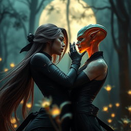 A captivating scene from a sexy romantic movie featuring a stunning ninja girl with long flowing hair, dressed in a sleek, form-fitting black suit adorned with subtle glowing patterns, blending traditional ninja aesthetics with a futuristic touch