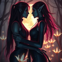 A captivating scene from a sexy romantic movie featuring a stunning ninja girl with long flowing hair, dressed in a sleek, form-fitting black suit adorned with subtle glowing patterns, blending traditional ninja aesthetics with a futuristic touch