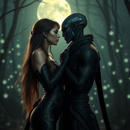 A captivating scene from a sexy romantic movie featuring a stunning ninja girl with long flowing hair, dressed in a sleek, form-fitting black suit adorned with subtle glowing patterns, blending traditional ninja aesthetics with a futuristic touch