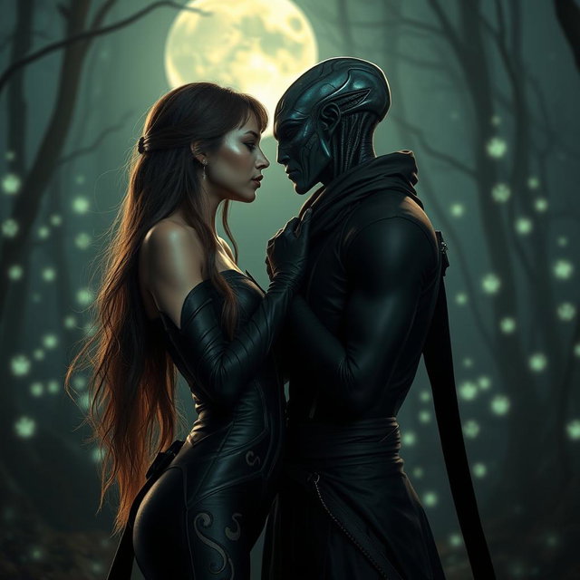 A captivating scene from a sexy romantic movie featuring a stunning ninja girl with long flowing hair, dressed in a sleek, form-fitting black suit adorned with subtle glowing patterns, blending traditional ninja aesthetics with a futuristic touch