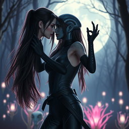 A captivating scene from a sexy romantic movie featuring a stunning ninja girl with long flowing hair, dressed in a sleek, form-fitting black suit adorned with subtle glowing patterns, blending traditional ninja aesthetics with a futuristic touch