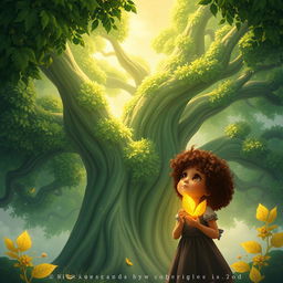 A storybook cover page in a concept art style, depicting a magnificent green tree with rich, textured leaves