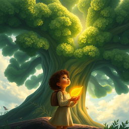 A storybook cover page in a concept art style, depicting a magnificent green tree with rich, textured leaves
